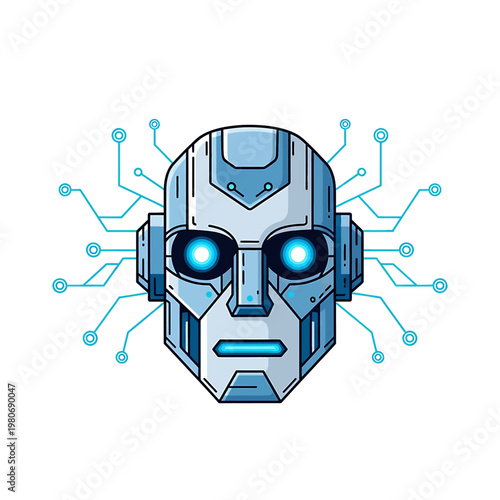 Robot head with glowing blue eyes.