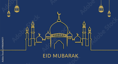 Golden outline of a mosque with hanging lanterns and Eid Mubarak text on a dark blue background for religious celebration.