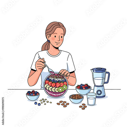 Woman eating fruit and cereal breakfast.