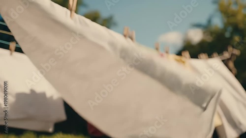 A sunny day scene showcases freshly laundered clothes gently swaying on a clothesline, framed by lush greenery and a clear blue sky.