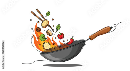 Hand-drawn illustration of a professional wok pan with flames and fresh flying ingredients for Asian food cooking concept.