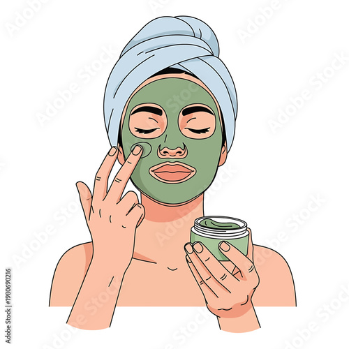 Woman applying green facial mask cream 1.