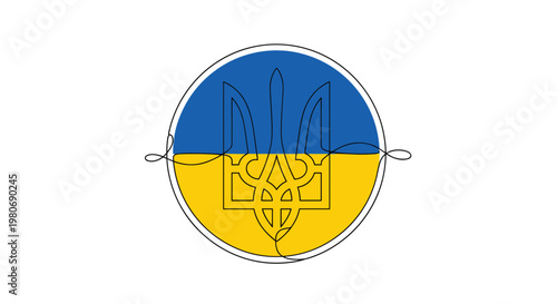 Continuous line drawing of the Ukrainian trident emblem over a blue and yellow circle for national pride and peace awareness.