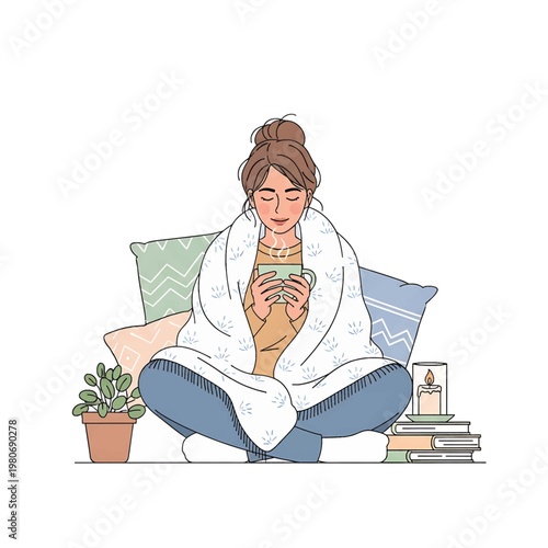 Woman sitting with a cup.