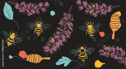 Seamless pattern with honey bees and lavender flowers on a dark background for honey production and nature conservation theme.