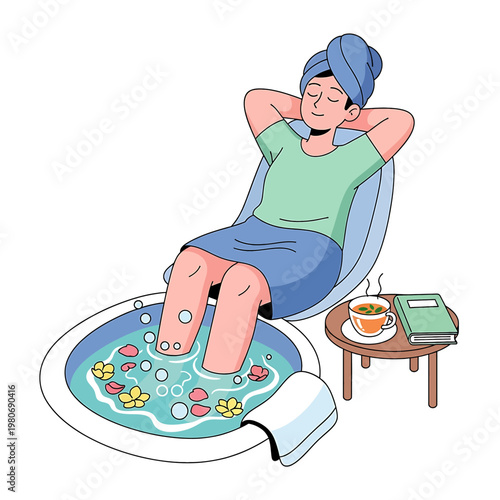 Woman relaxing with foot spa treatment.