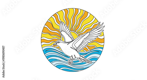 Circular illustration of a white seagull flying over ocean waves with a bright sun for coastal and marine life theme.