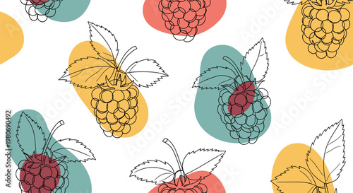 Seamless pattern with hand-drawn raspberries and colorful abstract spots on a white background for food packaging design.