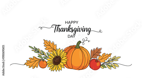 Continuous line drawing of a pumpkin, sunflower, and autumn leaves for Happy Thanksgiving Day celebration banner.