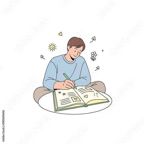 Young man writing in notebook.