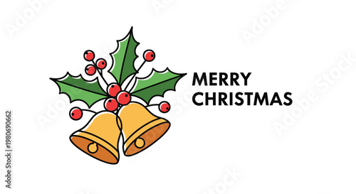 Merry Christmas greeting card design featuring festive bells and holly leaves with red berries in a minimalist continuous line art style.
