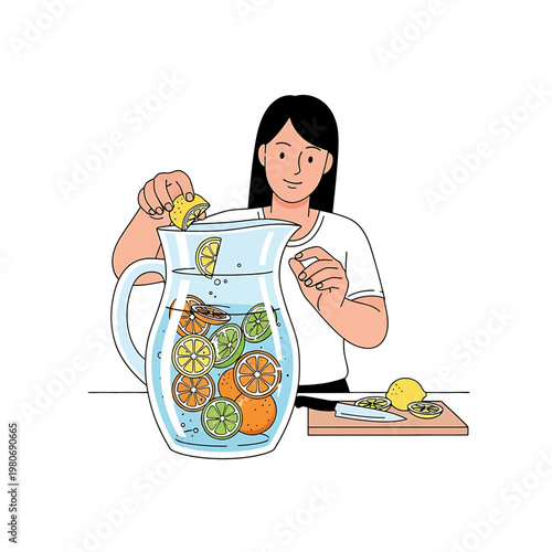 Woman adding lemon to infused water.
