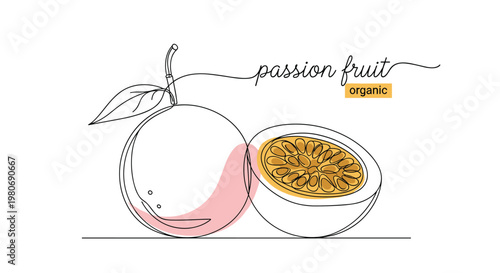 Organic passion fruit illustration shown in a continuous line drawing style with a whole fruit and a halved portion revealing juicy seeds.