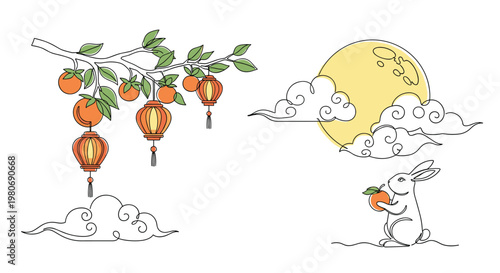 Mid-Autumn Festival celebration graphics including a white rabbit, lanterns, and a full moon rendered in a clean continuous line drawing.