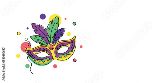 Vibrant carnival mask with colorful feathers and confetti circles illustrated in a modern continuous line drawing style for festive events.