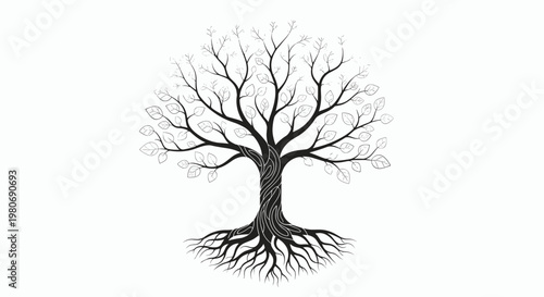 Intricate black and white line art illustration of a majestic tree with twisted trunk and extensive root system against a white background.