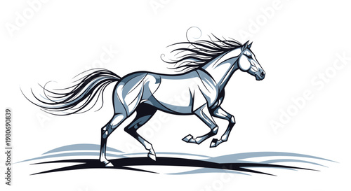 Galloping horse in blue and white tones captured in a dynamic vector art style perfect for equestrian branding or animal themes.