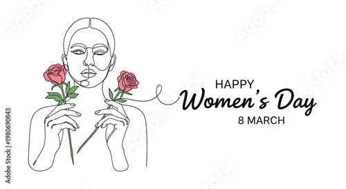 Elegant continuous line drawing of a woman holding pink roses celebrating International Women's Day on the eighth of March.