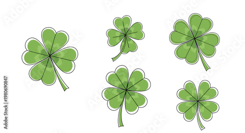 Set of five green four-leaf clovers representing luck and fortune in a simple hand-drawn style on a white background.