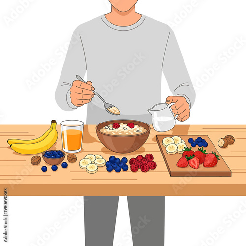 Man preparing healthy breakfast meal.