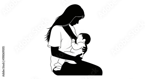 Black and white illustration of a mother breastfeeding her newborn baby.