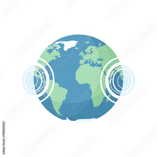 Globe with sound waves around it.