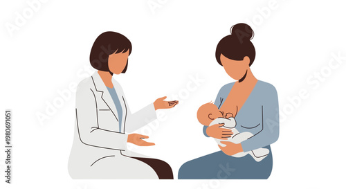 Pediatrician consulting a mother breastfeeding her baby illustration.