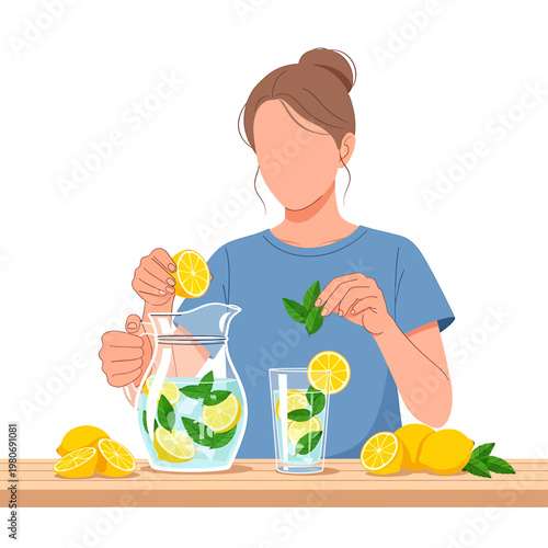 Woman preparing lemonade with mint leaves.