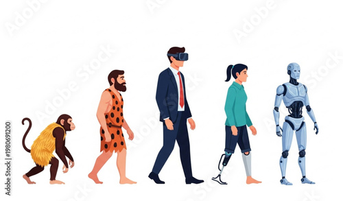 Modern mankind evolution concept with ape caveman VR businessman and robot vector illustration set