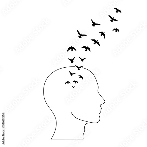 Birds flying out of human head.