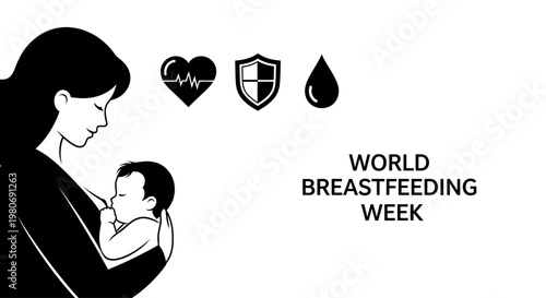 Black and white illustration of a mother breastfeeding her baby for World Breastfeeding Week.