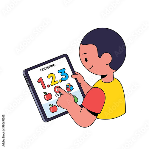 Young child using digital tablet learning.