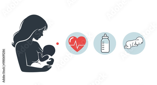 Silhouette of a mother breastfeeding her baby with healthcare icons.