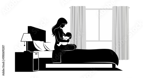 Silhouette of a mother breastfeeding her baby in a bedroom.