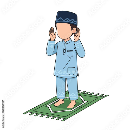 Cute Muslim Boy Character in White Religious Outfit