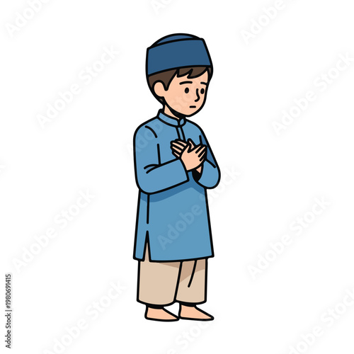 Cute Muslim Boy Character in White Religious Outfit