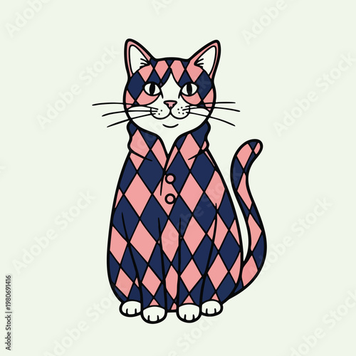 Stylish Cartoon Cat Illustration Featuring Geometric Pattern for Creative Design