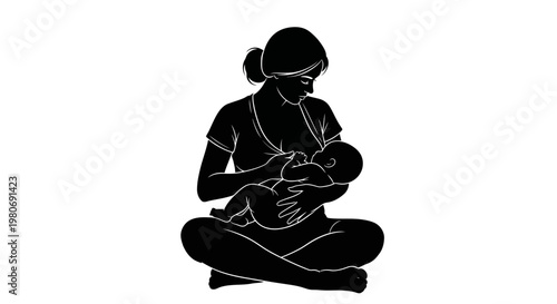 Black and white silhouette illustration of a mother breastfeeding her newborn baby.