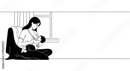 Black and white illustration of a mother breastfeeding her newborn baby.