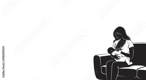 Black and white silhouette illustration of a mother breastfeeding her newborn baby.