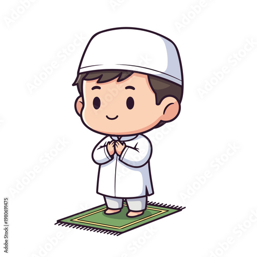 Cute Muslim Boy Character in White Religious Outfit
