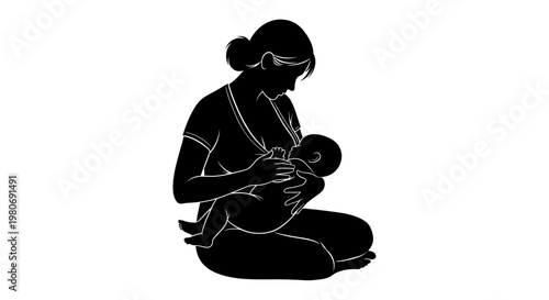 Minimalist silhouette illustration of a mother breastfeeding her newborn baby.