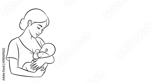 Line art illustration of a mother breastfeeding her newborn baby.