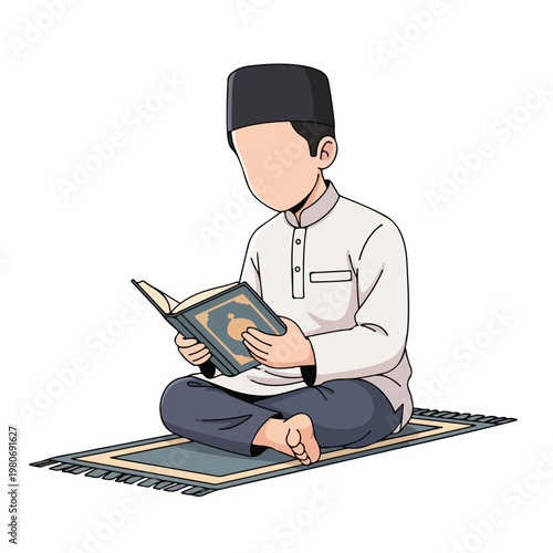 Cute Muslim Boy Character in White Religious Outfit