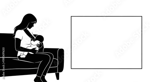 Black and white illustration of a mother breastfeeding her baby on a sofa.