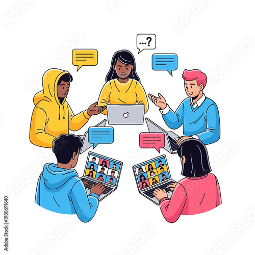 People sitting around a laptop discussing.