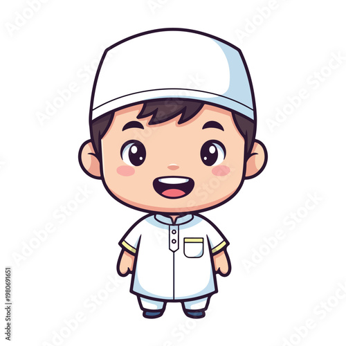 Cute Muslim Boy Character in White Religious Outfit