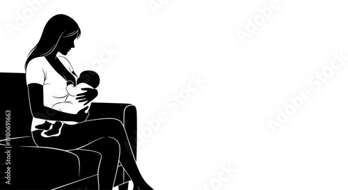 Black and white illustration of a mother breastfeeding her newborn baby.