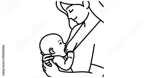 Black and white line art illustration of a mother breastfeeding her baby.