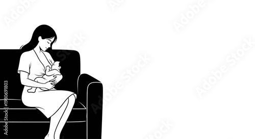 A black and white line art illustration of a mother breastfeeding her baby.